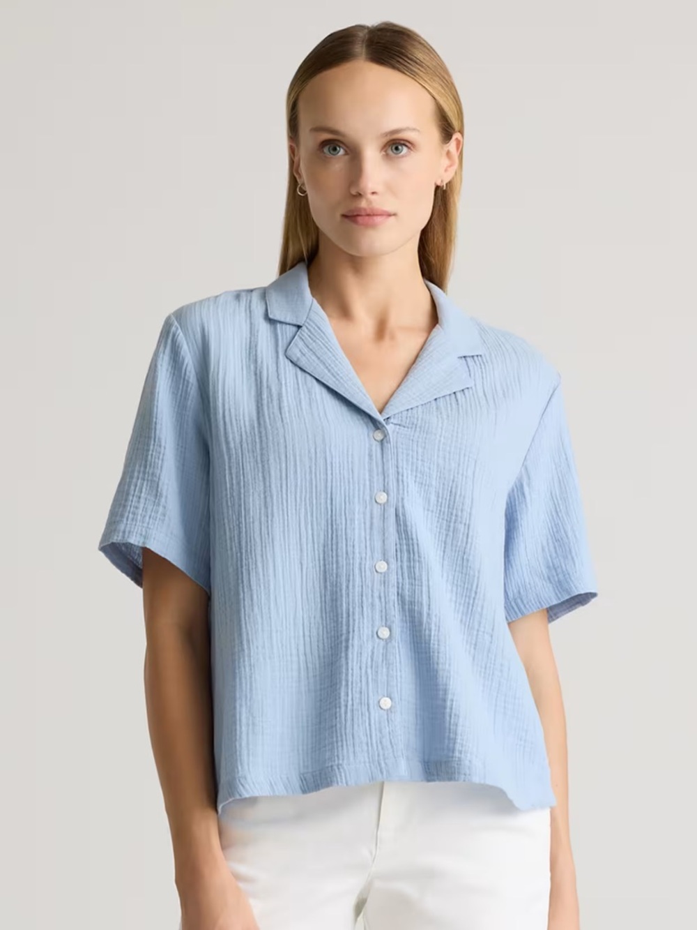 Quince Light Blue 100% Cotton Gauze Short Sleeve Button-Down, Size Small, NWT